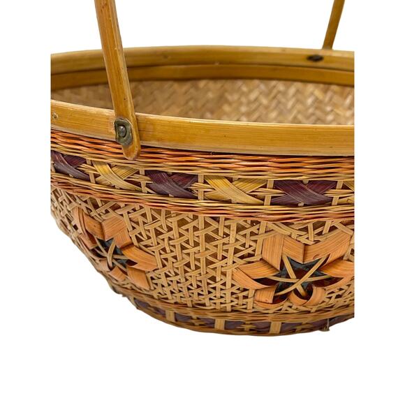 Vintage Asian Split Bamboo and Rattan Woven Boho Floral Double Handle Basket - Picture 3 of 6